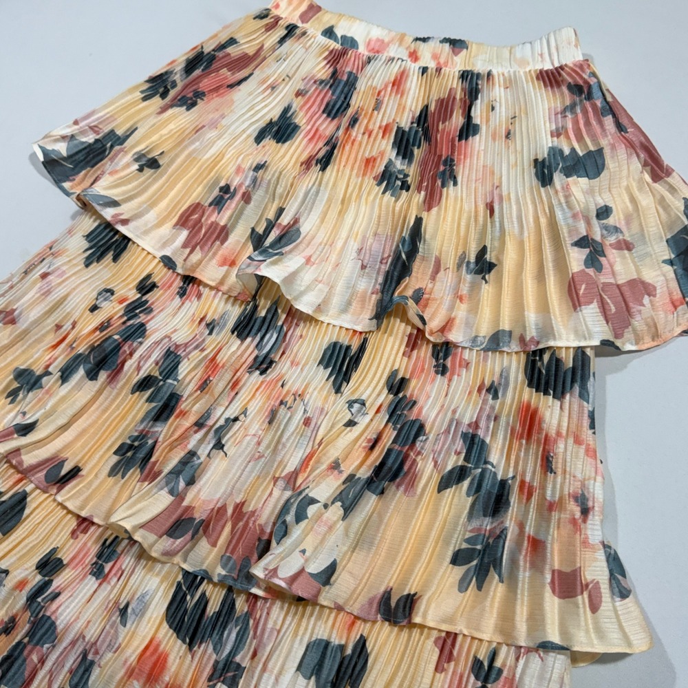Ryegrass Tiered Midi Skirt Womens M Peach Floral Pleated Boho Cottagecore A-Line